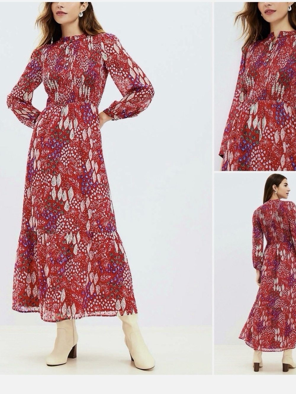 LOFT Size 0 Red Floral Long-Sleeve Maxi Dress